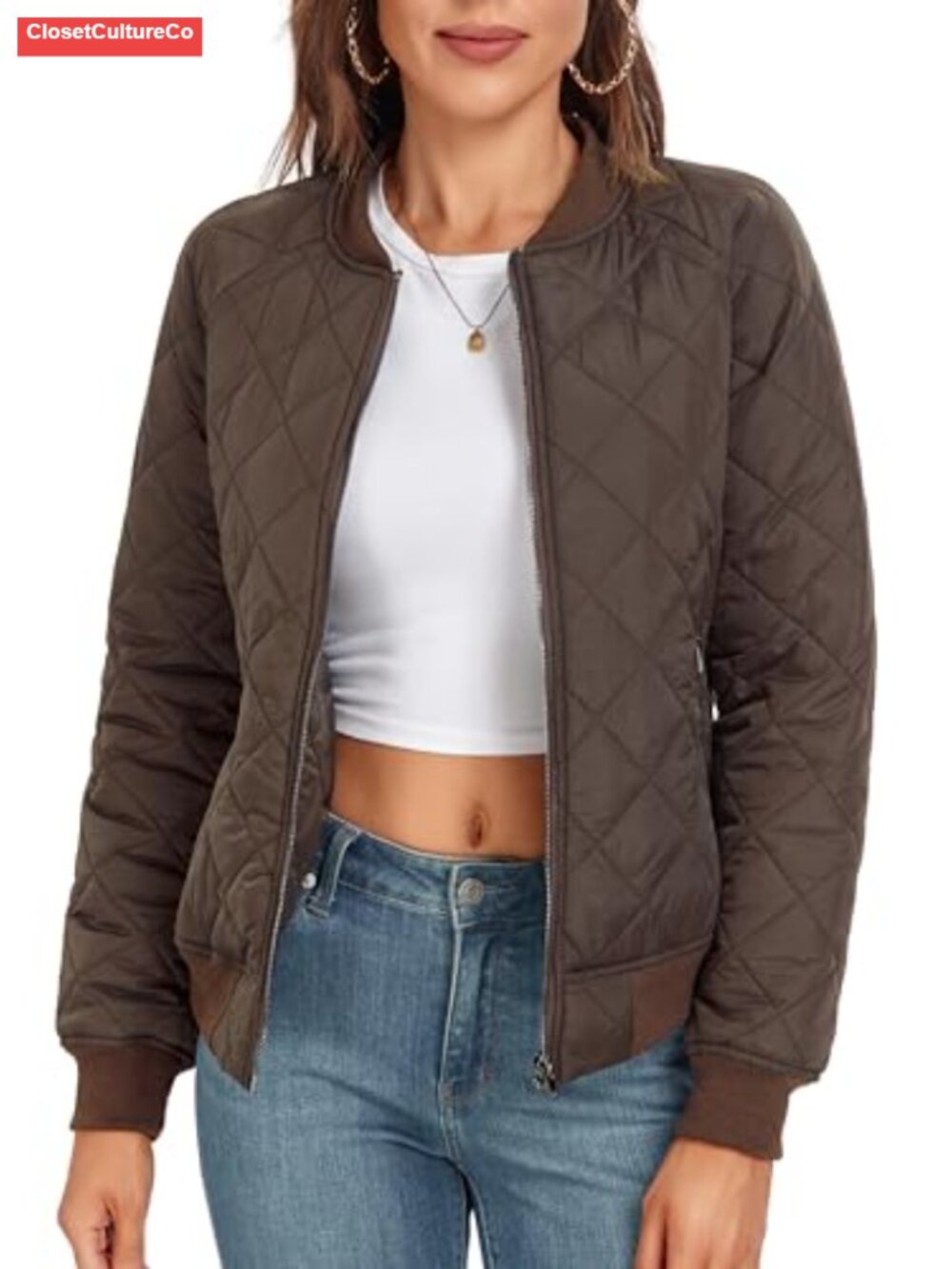 Quilted Bomber Jacket Lightweight Zip Up Casual Outerwear with Pockets